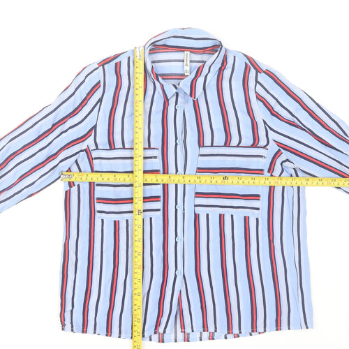Stradivarius Women's Blue Striped Button-Up Shirt Size 8