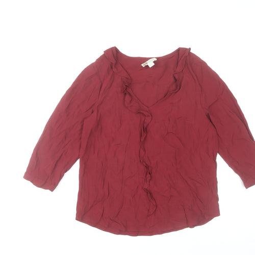 Monsoon Women Red 3/4 Sleeve Ruffle V-Neck Tunic Blouse Size 8