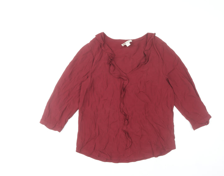 Monsoon Women Red 3/4 Sleeve Ruffle V-Neck Tunic Blouse Size 8