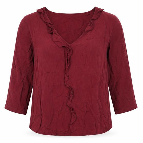 Monsoon Women Red 3/4 Sleeve Ruffle V-Neck Tunic Blouse Size 8