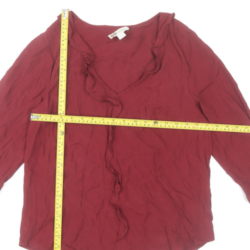 Monsoon Women Red 3/4 Sleeve Ruffle V-Neck Tunic Blouse Size 8