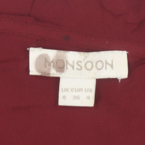 Monsoon Women Red 3/4 Sleeve Ruffle V-Neck Tunic Blouse Size 8