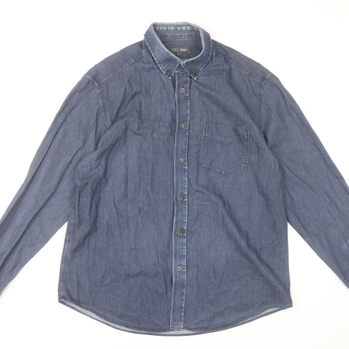 Marks and Spencer Men’s Blue Striped Cotton Button-Up Long Sleeve Shirt Size L