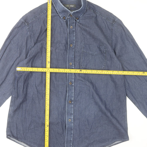 Marks and Spencer Men’s Blue Striped Cotton Button-Up Long Sleeve Shirt Size L