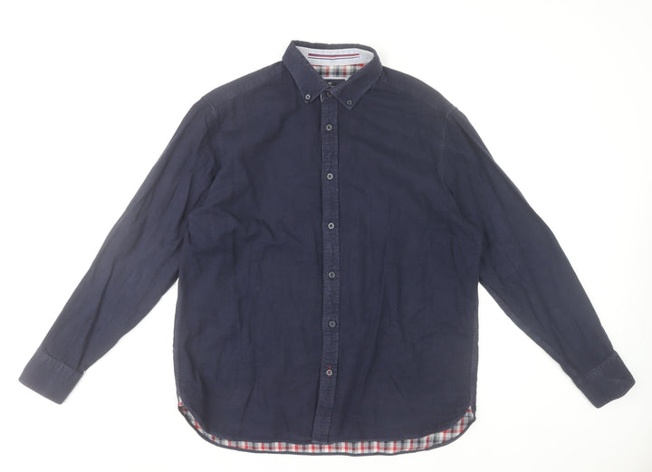 Marks and Spencer Men's Blue Button-Down Long Sleeve Cotton Shirt - L Regular Fit