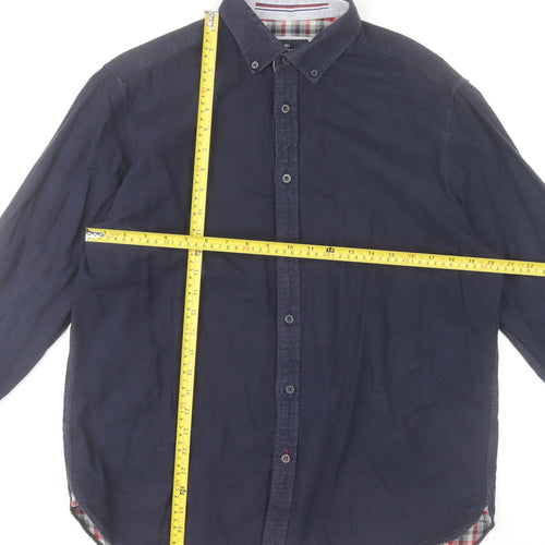Marks and Spencer Men's Blue Button-Down Long Sleeve Cotton Shirt - L Regular Fit