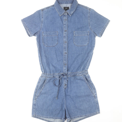 River Island Women's Blue Denim Short Sleeve Playsuit UK 8 Collared Drawstring Romper
