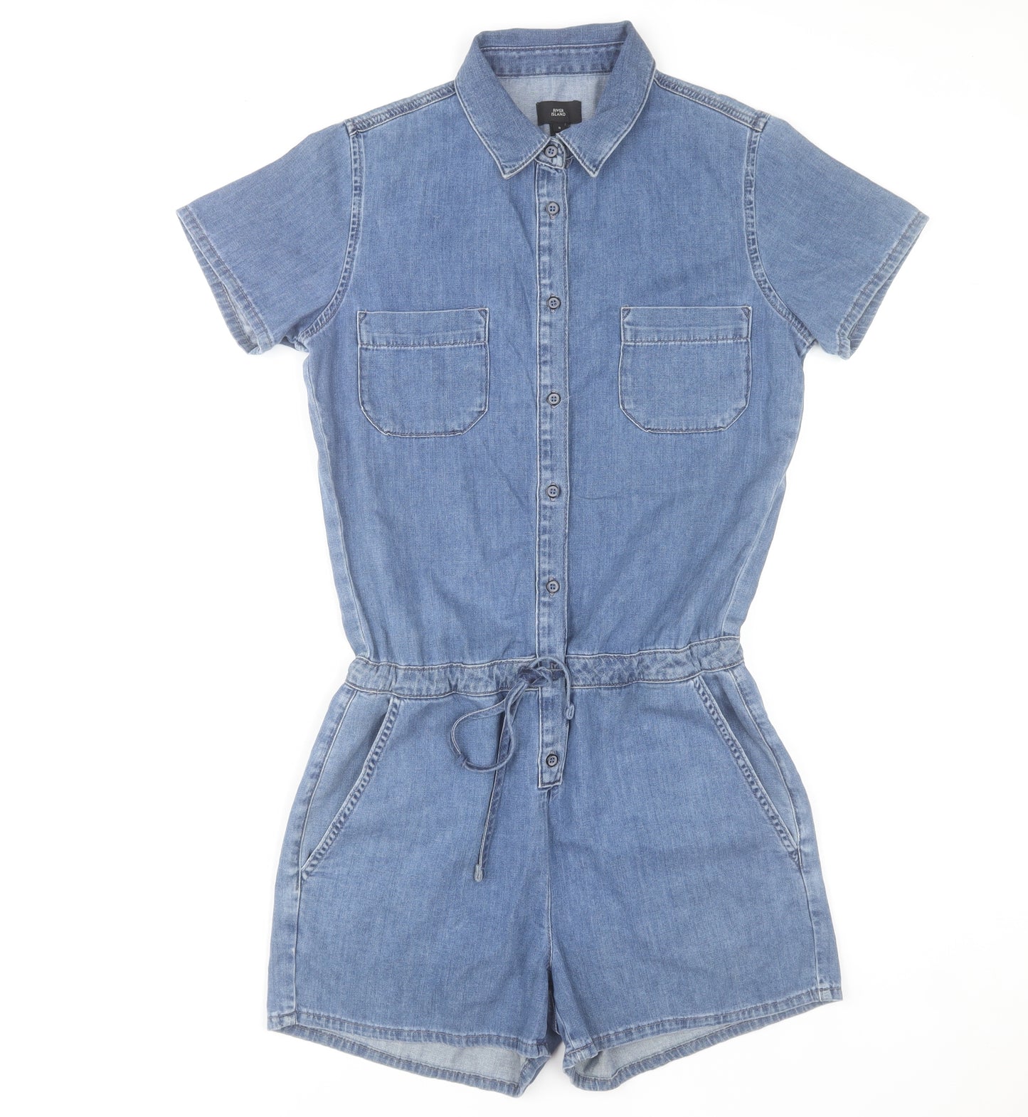 River Island Women's Blue Denim Short Sleeve Playsuit UK 8 Collared Drawstring Romper