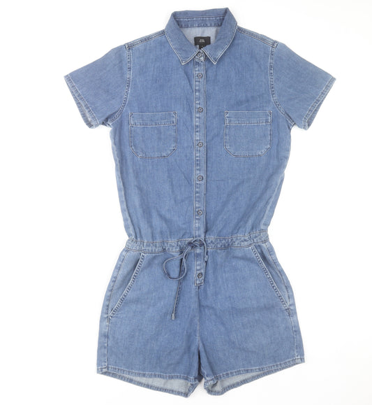 River Island Women's Blue Denim Short Sleeve Playsuit UK 8 Collared Drawstring Romper