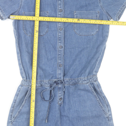 River Island Women's Blue Denim Short Sleeve Playsuit UK 8 Collared Drawstring Romper