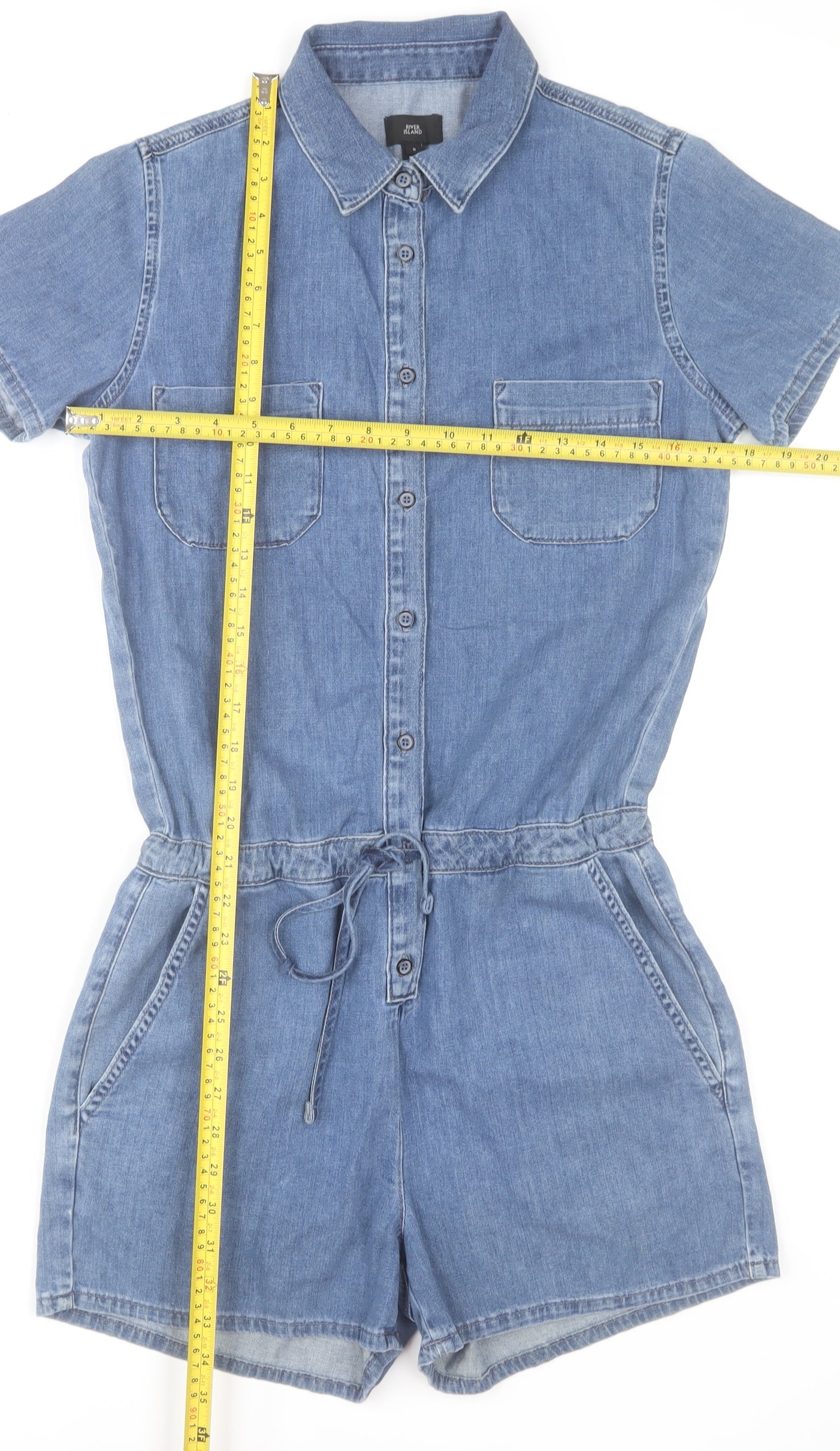 River Island Women's Blue Denim Short Sleeve Playsuit UK 8 Collared Drawstring Romper