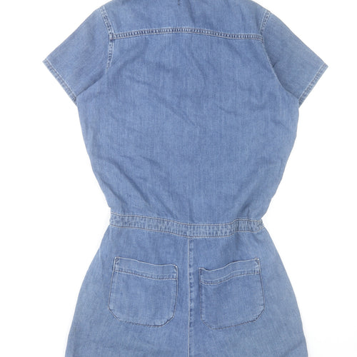 River Island Women's Blue Denim Short Sleeve Playsuit UK 8 Collared Drawstring Romper