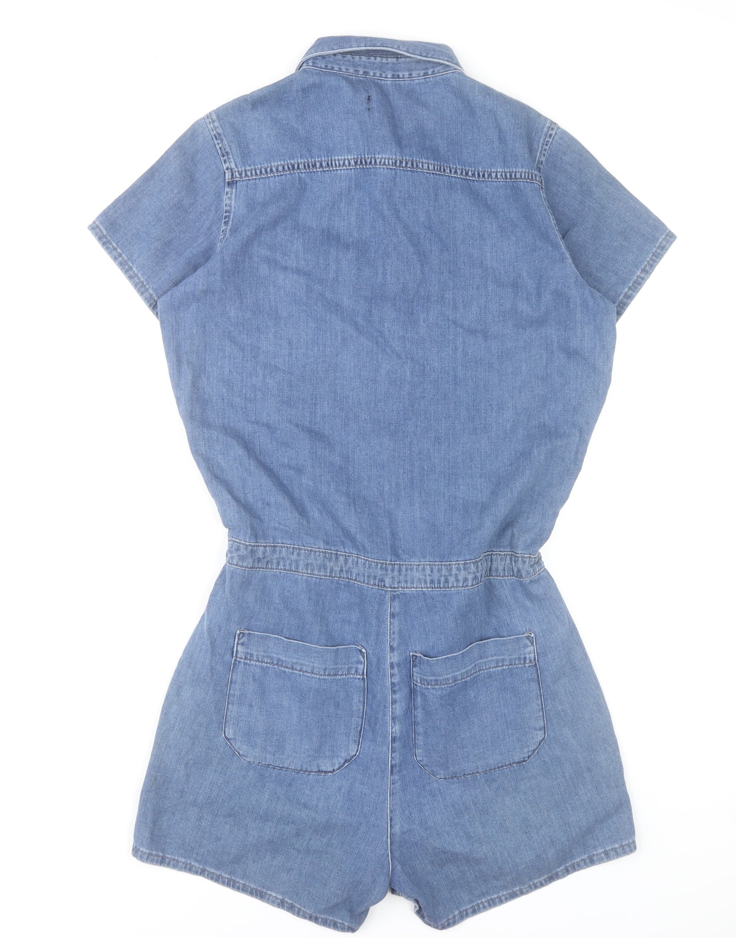River Island Women's Blue Denim Short Sleeve Playsuit UK 8 Collared Drawstring Romper