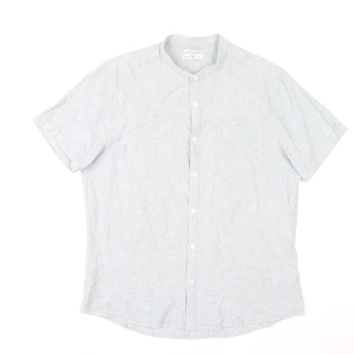 F&F Men's Blue Linen Blend Short Sleeve Band Collar Shirt Size L