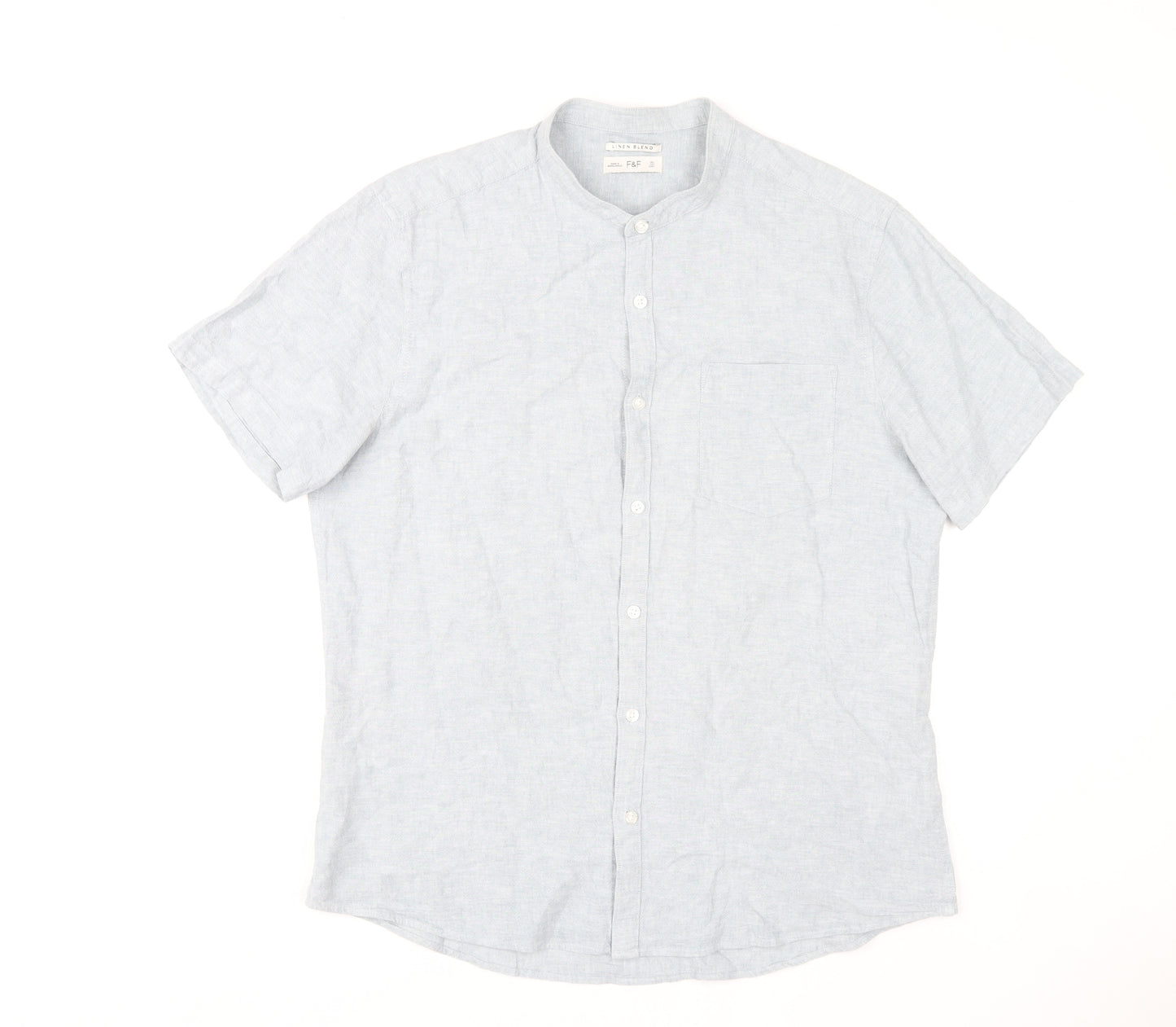 F&F Men's Blue Linen Blend Short Sleeve Band Collar Shirt Size L