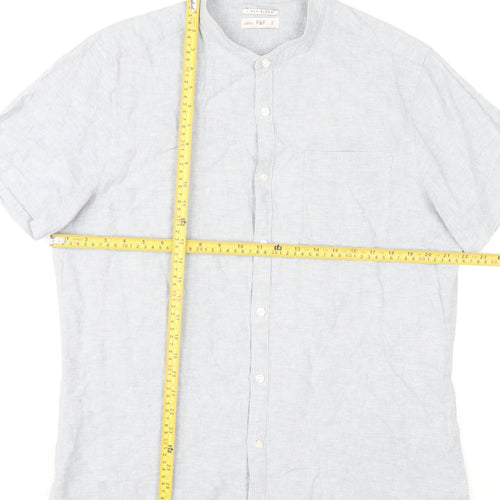 F&F Men's Blue Linen Blend Short Sleeve Band Collar Shirt Size L