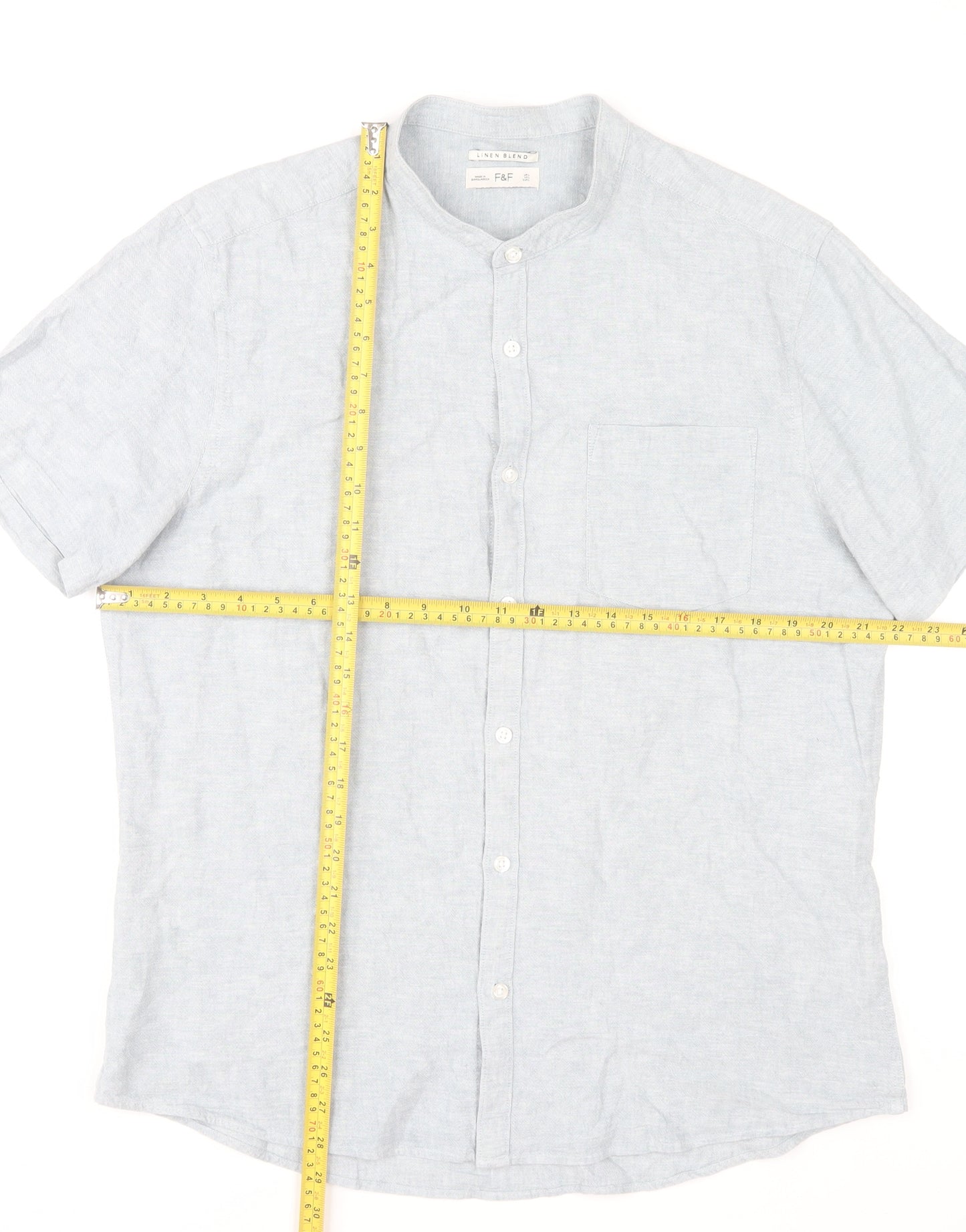 F&F Men's Blue Linen Blend Short Sleeve Band Collar Shirt Size L