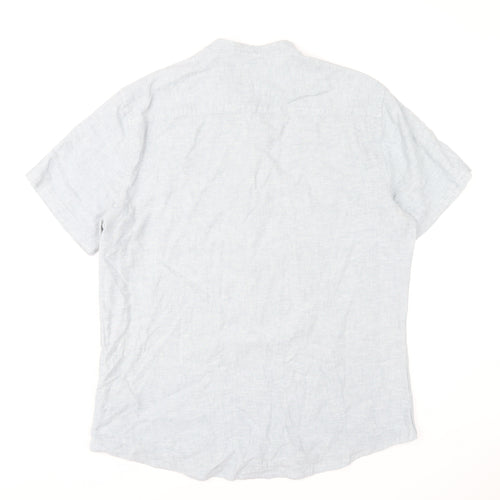 F&F Men's Blue Linen Blend Short Sleeve Band Collar Shirt Size L