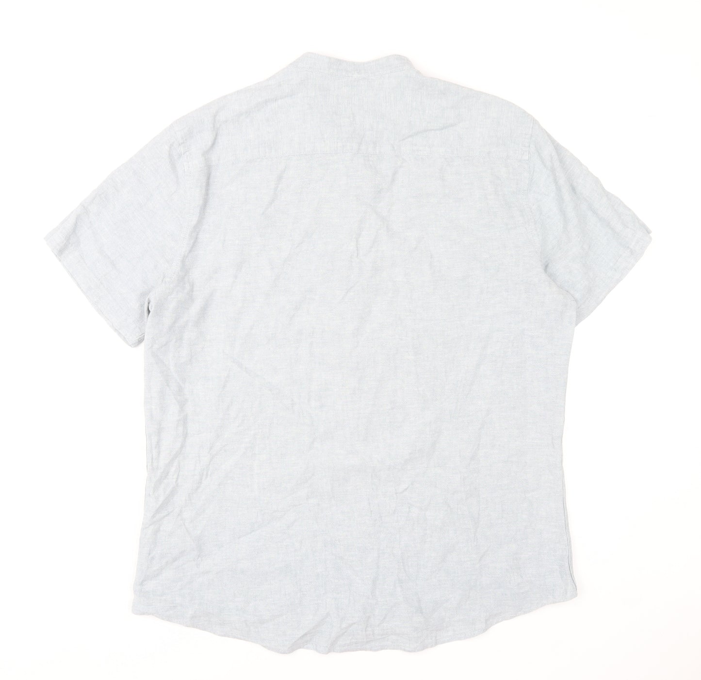 F&F Men's Blue Linen Blend Short Sleeve Band Collar Shirt Size L