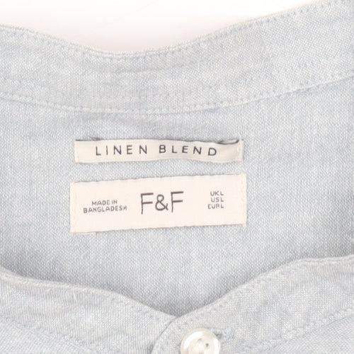F&F Men's Blue Linen Blend Short Sleeve Band Collar Shirt Size L