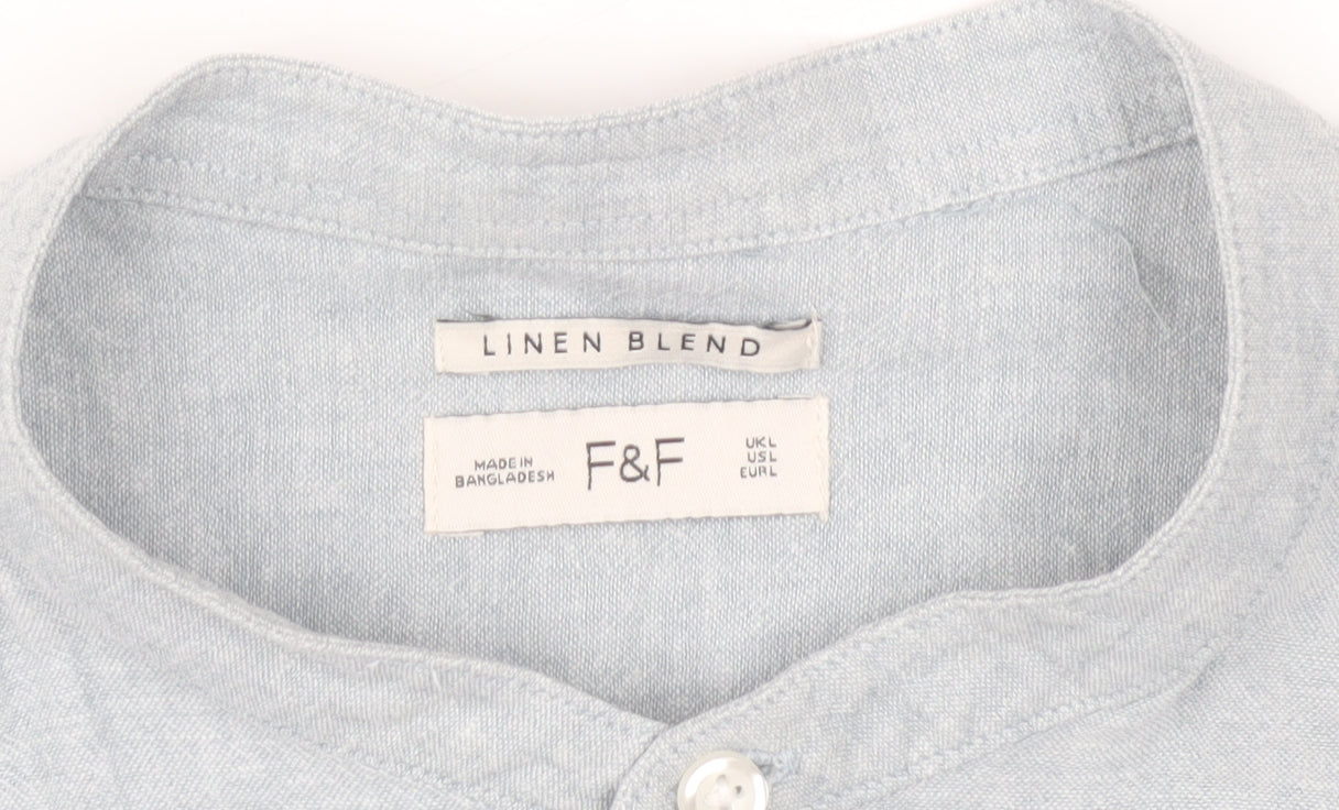F&F Men's Blue Linen Blend Short Sleeve Band Collar Shirt Size L