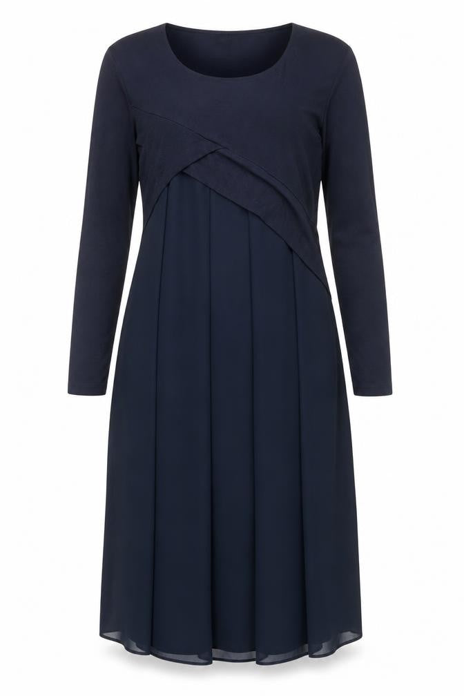Front view of Peruzzi Women Blue, size 10, Midi Shift Dress Long Sleeve Classic