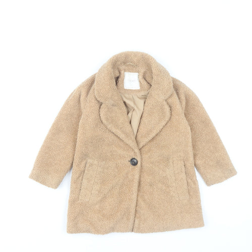 Next Girls Beige Teddy Fleece Mid-Length Coat 3 Years Lined Winter Jacket
