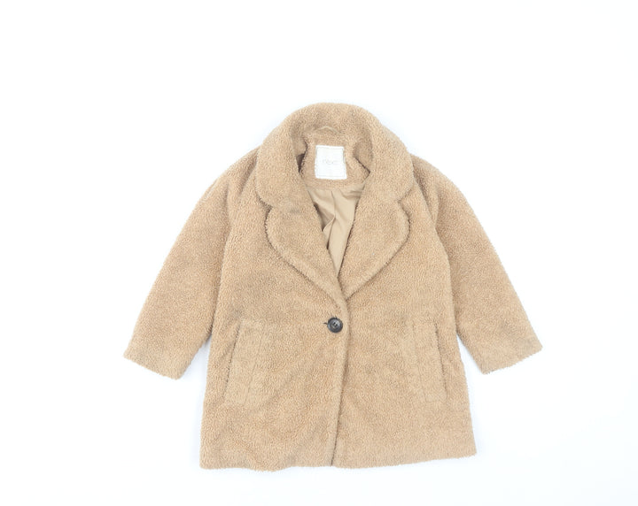 Next Girls Beige Teddy Fleece Mid-Length Coat 3 Years Lined Winter Jacket