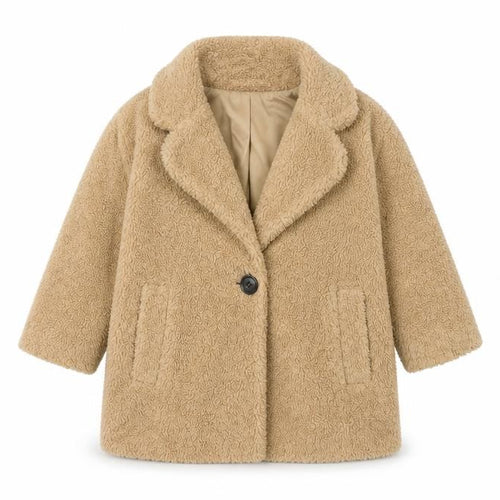 Next Girls Beige Teddy Fleece Mid-Length Coat 3 Years Lined Winter Jacket