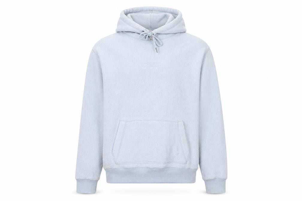 Front view of River Island Men's Blue Pullover Hoodie, size S, Fleece Logo Design
