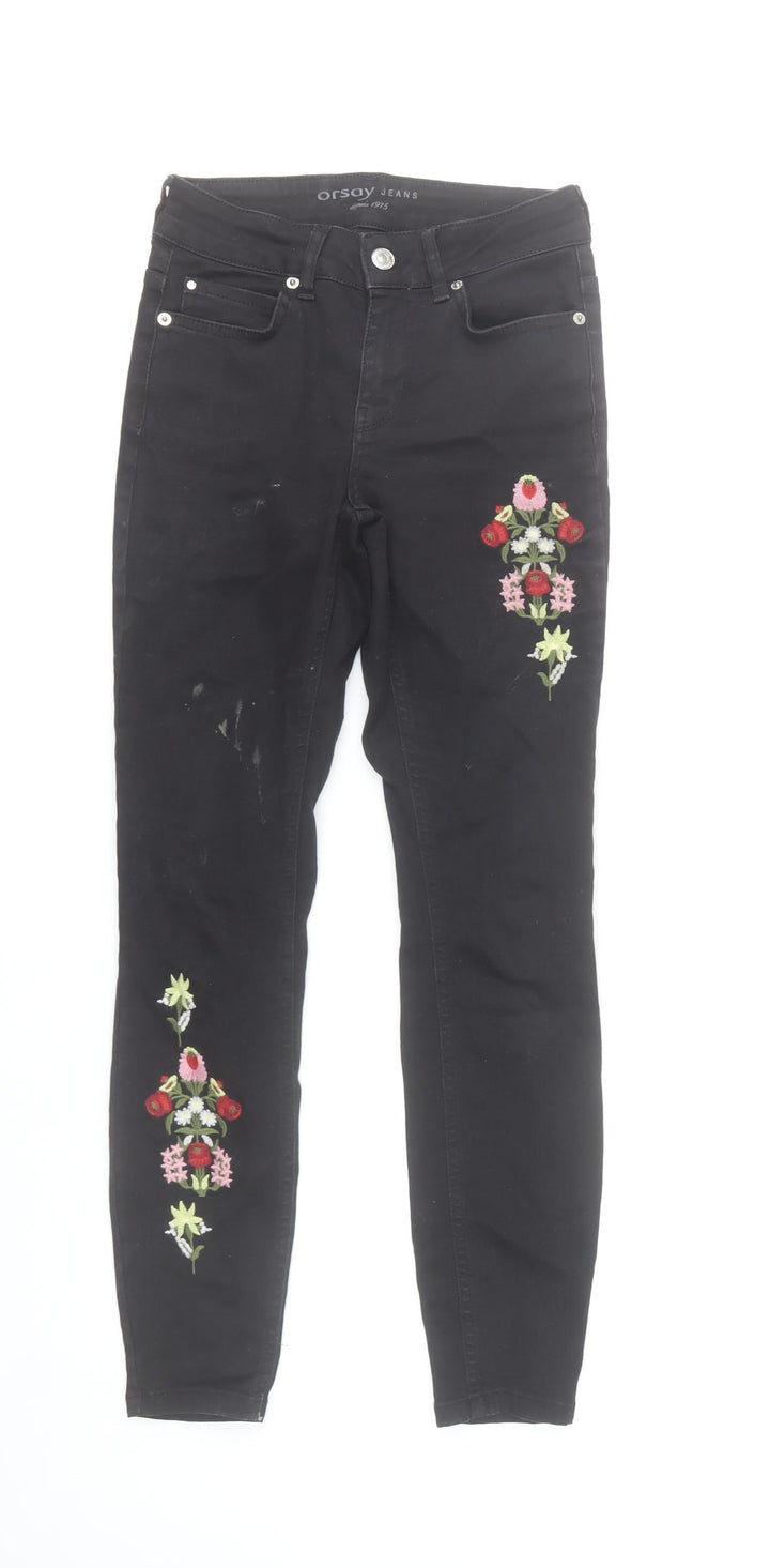 Orsay Womens Black Skinny Embroidered Floral Jeans Size 6