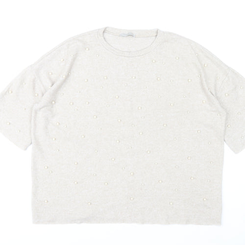 Zara Women Beige Beaded Knit Short Sleeve T-Shirt M