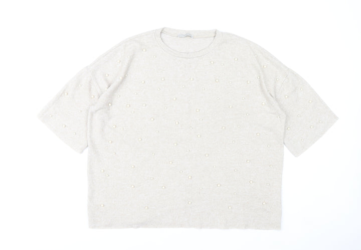 Zara Women Beige Beaded Knit Short Sleeve T-Shirt M