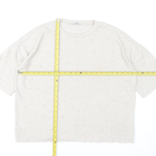 Zara Women Beige Beaded Knit Short Sleeve T-Shirt M