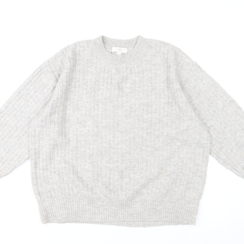 H&M Women’s Grey Crew Neck Rib-Knit Pullover Jumper Size M