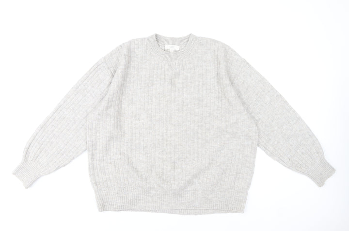 H&M Women’s Grey Crew Neck Rib-Knit Pullover Jumper Size M
