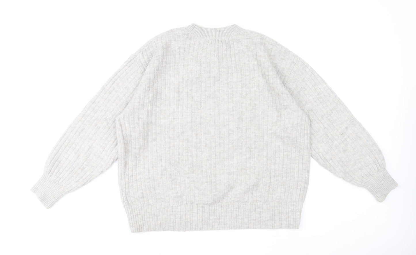H&M Women’s Grey Crew Neck Rib-Knit Pullover Jumper Size M