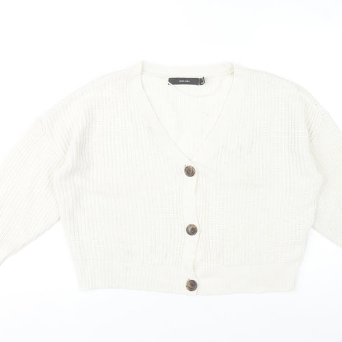 Vero Moda Women White Knit V-Neck Chunky Button Cardigan L