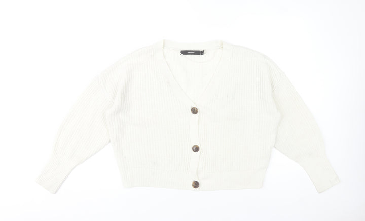 Vero Moda Women White Knit V-Neck Chunky Button Cardigan L