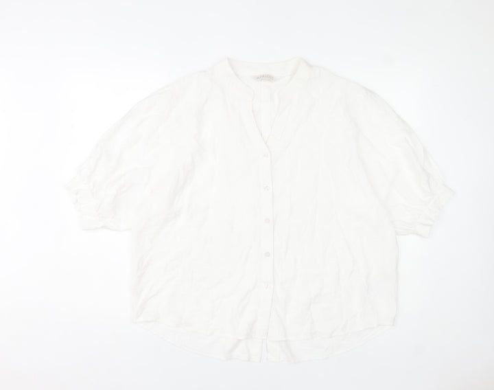 Apricot Women White Linen-Look Button Blouse UK 8 Short Sleeve V-Neck