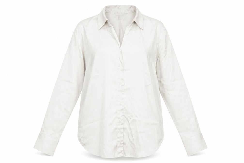 Front view of H&M Women Beige Button-Up Collared Blouse, size 12