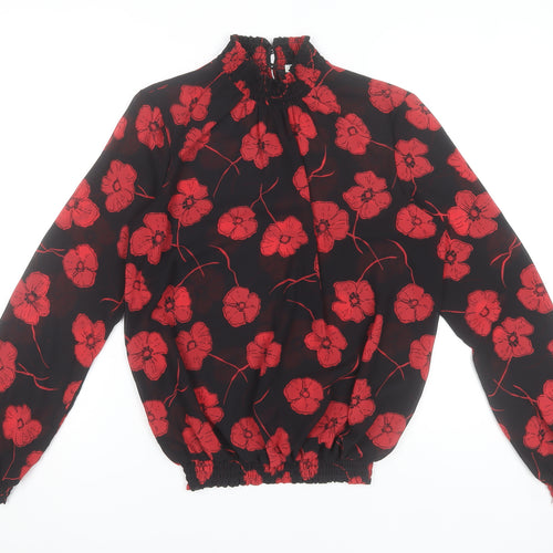 Pieces Womens Black Red Floral High Neck Chiffon Tunic Blouse M