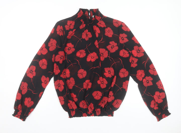 Pieces Womens Black Red Floral High Neck Chiffon Tunic Blouse M
