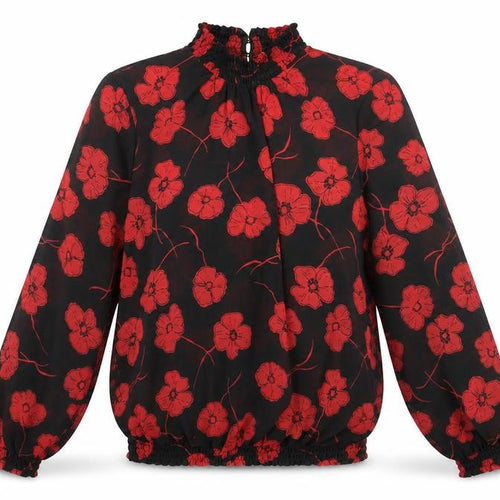 Pieces Womens Black Red Floral High Neck Chiffon Tunic Blouse M