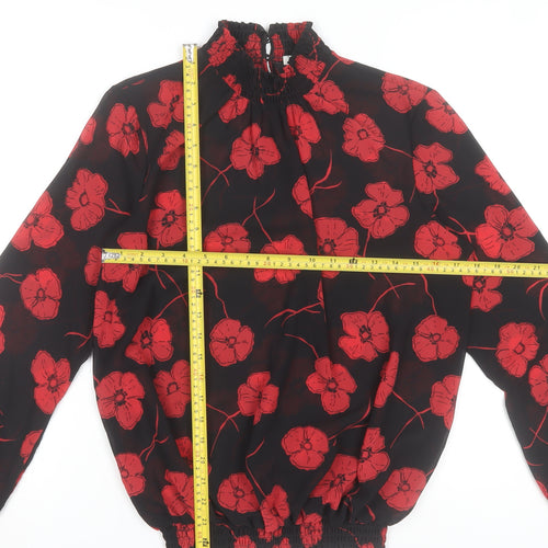 Pieces Womens Black Red Floral High Neck Chiffon Tunic Blouse M