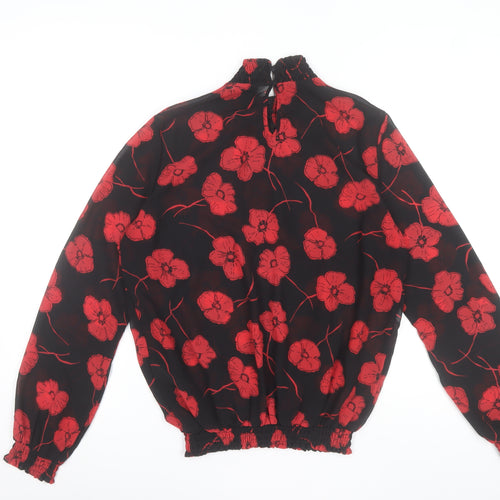 Pieces Womens Black Red Floral High Neck Chiffon Tunic Blouse M