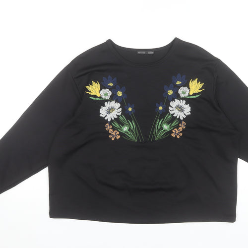 Zara Women Black Embroidered Floral Long Sleeve Tunic Top Size M