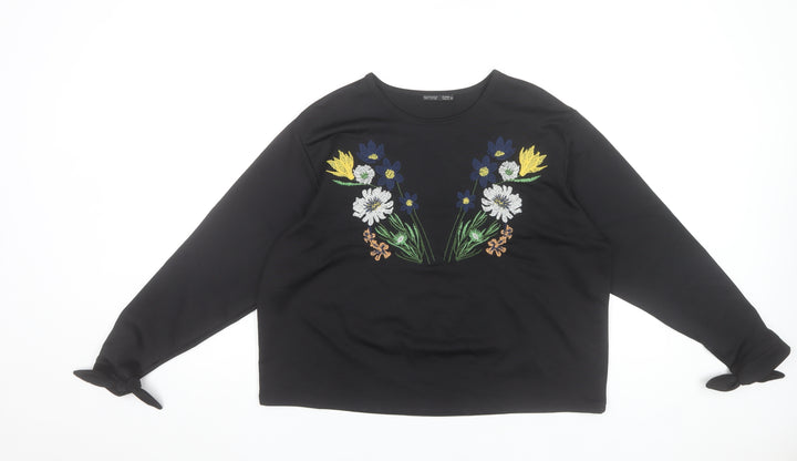 Zara Women Black Embroidered Floral Long Sleeve Tunic Top Size M