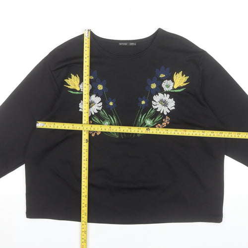 Zara Women Black Embroidered Floral Long Sleeve Tunic Top Size M