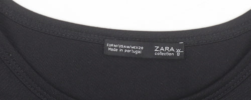 Zara Women Black Embroidered Floral Long Sleeve Tunic Top Size M